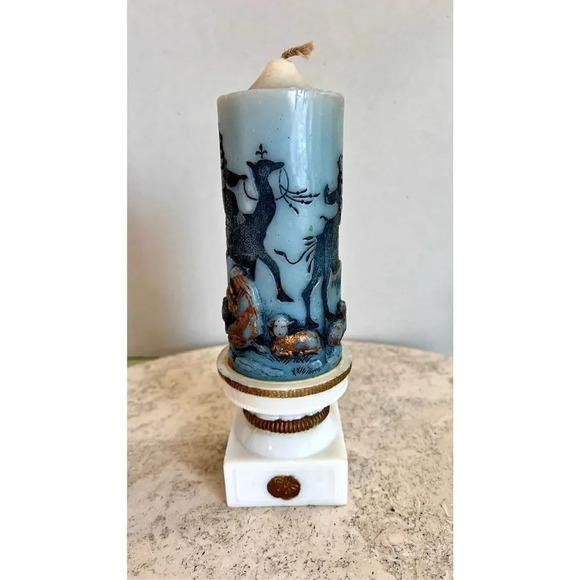 Vintage Blue Gold Christmas Nativity Scene Candle w/ Holder Unburned Handcrafted - Picture 2 of 12
